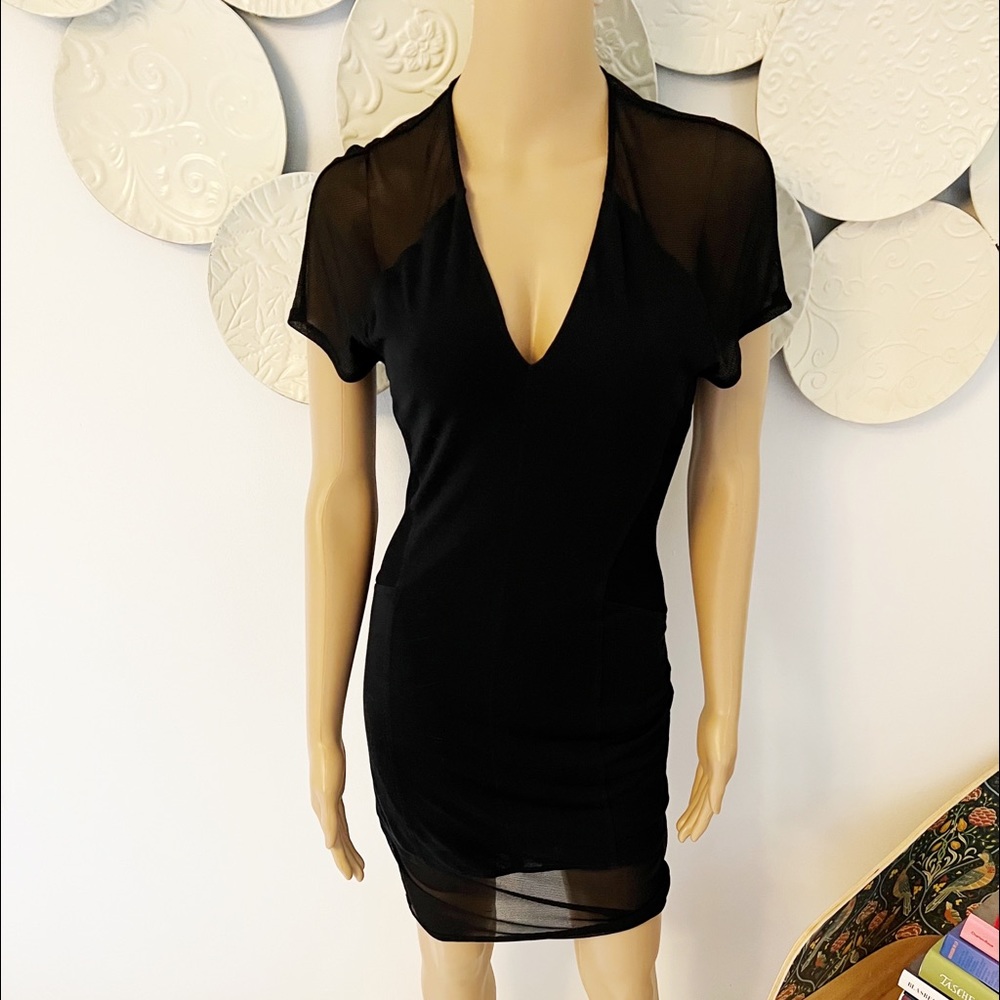 Helmut Lang Black Sheer-Panel V-Neck Dress